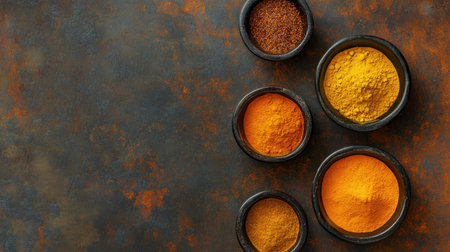 Top view of Indian spices like turmeric, chili powder, and cumin in bowls, clean background, copy spaceの素材