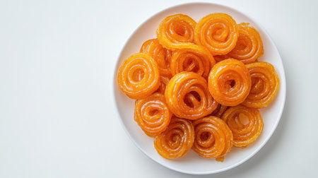 Top view of jalebi spirals served on a white plate, clean white background, no people, copy spaceの素材