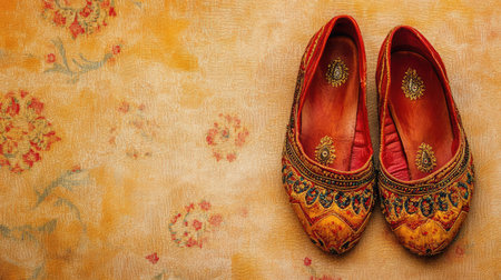 Top view of traditional Indian footwear, clean background, no people, copy spaceの素材