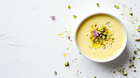 Top view of rasmalai garnished with saffron and pistachios, clean white background, no people, copy spaceの素材
