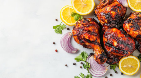 Top view of tandoori chicken with lemon slices and onions, clean background, no people, copy spaceの素材