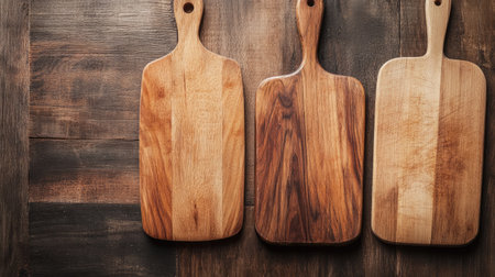 Top view of wooden kitchen cutting boards, clean background, no people, copy spaceの素材