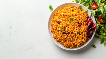 Top view of rajma chawal with a side of salad, clean background, no people, copy spaceの素材