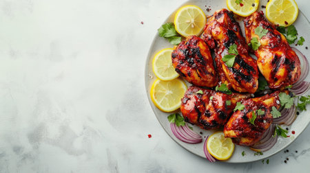 Top view of tandoori chicken with lemon slices and onions, clean background, no people, copy spaceの素材