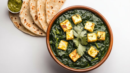 Top view of palak paneer served with roti, clean white background, no people, copy spaceの素材