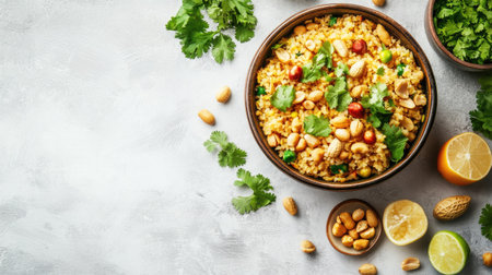 Top view of poha garnished with peanuts and coriander, clean white background, no people, copy spaceの素材