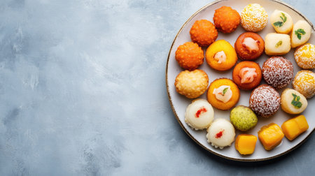 Top view of Indian sweets like laddoos and jalebis on a plate, clean background, copy spaceの素材