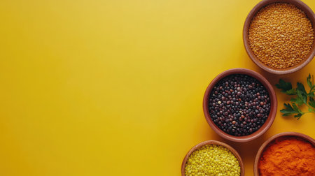 Top view of popular Indian lentils and pulses in bowls, clean background, copy spaceの素材