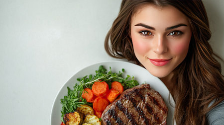 A beautiful young woman smiles while holding a plate of grilled steak and colorful vegetables. This vibrant image captures a moment of joy in healthy eating and culinary delight.の素材