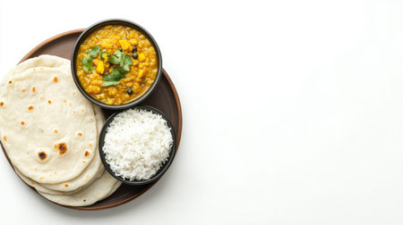 Top view of a thali with dal, sabzi rice, and roti, clean white background, no people, copy spaceの素材