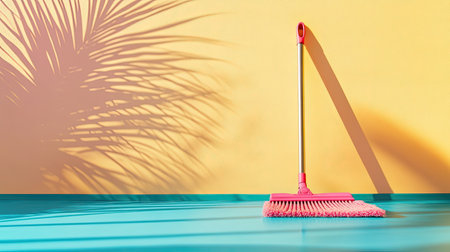 A vibrant pink broom stands against a yellow wall, casting intricate shadows from a palm plant. This lively scene embodies freshness and minimalism, perfect for home decor and cleaning inspiration.の素材