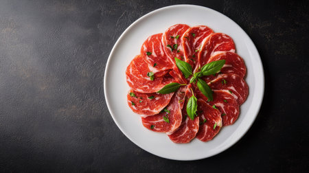 A beautifully arranged platter of thinly sliced meat garnished with fresh basil leaves, perfect for appetizers or gourmet dining experiences, set against a dark background.の素材
