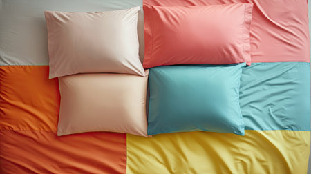 Top view of cotton bedsheets and pillow covers, clean background, no people, copy spaceの素材