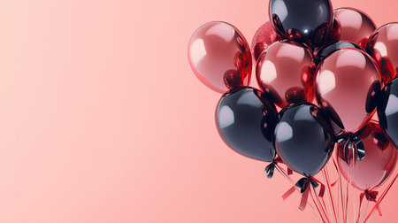 A stunning arrangement of black and red balloons creates a festive atmosphere on a soft pink background, perfect for celebrations and events.の素材