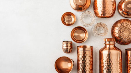 Top view of copper water bottles and tumblers, clean background, no people, copy spaceの素材