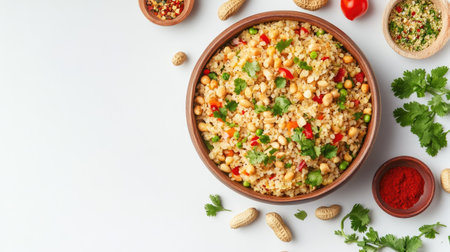 Top view of poha garnished with peanuts and coriander, clean white background, no people, copy spaceの素材