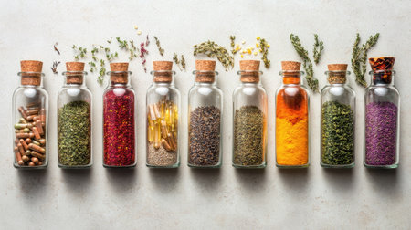 Top view of Indian herbal supplements in bottles, clean background, no people, copy spaceの素材