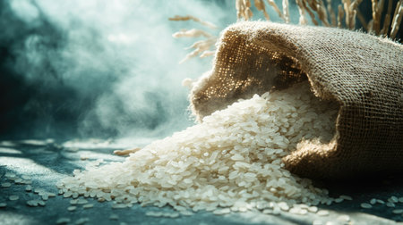 A burlap sack spills fresh white rice onto a rustic surface, captured in soft light and shadow. This image evokes warmth and a connection to nature.の素材