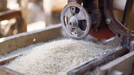 A close-up view of a traditional grain mill grinding rice grains into flour, showcasing the rustic machinery and natural textures of fresh ingredients.の素材