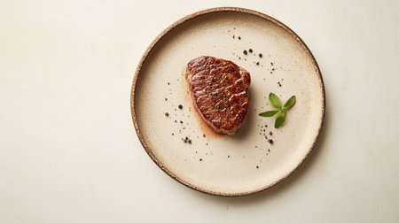 A beautifully presented steak on a minimalist plate garnished with fresh herbs and seasoning. Perfect for gourmet cooking and culinary art.の素材