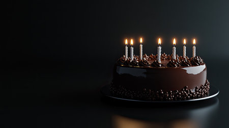 A beautifully designed chocolate cake adorned with lit candles, perfect for celebrations. The dark background enhances the cake's rich texture and details.の素材