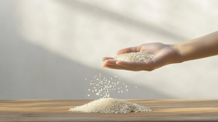A hand gracefully releases rice grains over a small pile on a wooden table, capturing the essence of cooking and natural ingredients with beautiful lighting.の素材