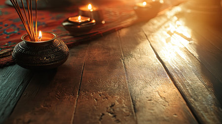 A serene setting featuring incense sticks and candles illuminating a wooden floor. This composition radiates tranquility, ideal for relaxation and meditation.の素材