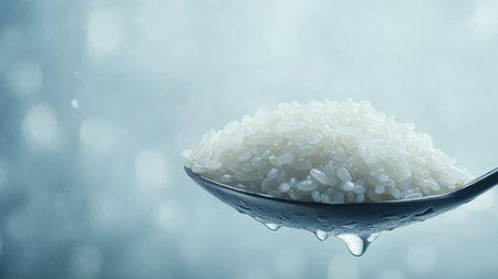 A close-up view of raw white rice resting on a spoon, glistening with water drops. The soft background enhances the purity and freshness, ideal for culinary themes.の素材