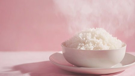 A bowl of steaming white rice sits elegantly on a soft pink background, highlighting its fluffy texture and inviting warmth, perfect for culinary inspiration.の素材