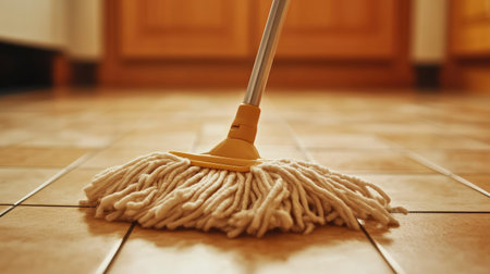 A close-up of a mop cleaning a tiled floor in a cozy kitchen environment. The image highlights the importance of cleanliness and routine maintenance in a home.の素材