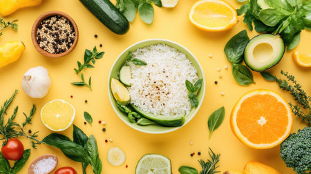 Capture the essence of healthy eating with vibrant vegetables, herbs, and rice arranged beautifully on a yellow backdrop, ideal for culinary inspiration and meal preparation.の素材