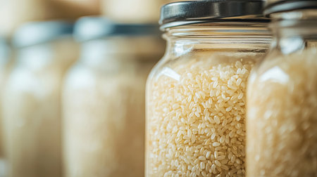 A collection of glass jars filled with uncooked white rice, arranged on a kitchen shelf. This composition highlights storage, simplicity, and natural food ingredients.の素材