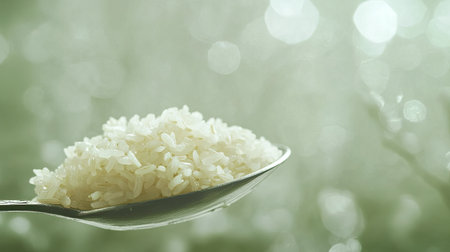 A closeup of fresh white rice resting on a spoon against a soft green bokeh background, emphasizing the purity and simplicity of this staple ingredient.の素材