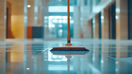 A professional cleaning tool placed on a polished floor in a modern facility. The shiny surface reflects the equipment, showcasing a hygienic environment.の素材