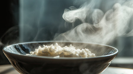 A steaming bowl of freshly cooked rice showcases the warmth and comfort of home-cooked meals. The soft focus background enhances the inviting aroma and rich texture of the dish.の素材