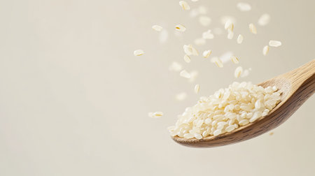 A beautiful image of rice grains falling from a wooden spoon, showcasing the textures and details of the grains against a soft, neutral background. Perfect for food-related content.の素材