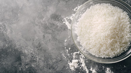 A top view of white rice in a glass bowl against a dark textured surface, highlighting the natural ingredients for cooking and meal preparation.の素材