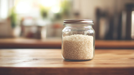 A clear glass jar filled with white rice sits on a wooden kitchen counter, showcasing a simple and rustic kitchen aesthetic. Ideal for culinary themes.の素材