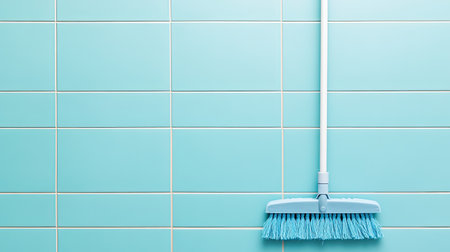 A bright blue cleaning tool rests against a fresh mint tile background, showcasing a clean and modern aesthetic. Ideal for home and cleaning themes.の素材