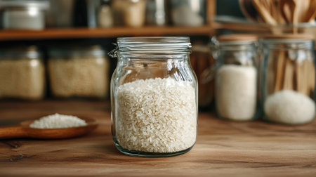A clear glass jar filled with white rice sits on a rustic wooden table, surrounded by kitchen essentials. Perfect for food storage and cooking visuals.の素材