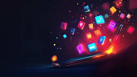 A vibrant laptop image featuring colorful application icons bursting from the screen. This dynamic visual represents innovation and technology in a digital workspace.の素材