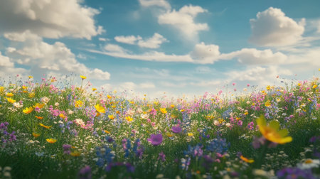 A breathtaking view of a vibrant flower meadow filled with colorful blooms under a clear blue sky adorned with fluffy white clouds, perfect for nature-themed projects.の素材