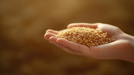 A close-up of a hand holding a generous amount of brown raw seeds, showcasing the rich texture and beauty of nature in soft sunlight, perfect for agricultural themes.の素材