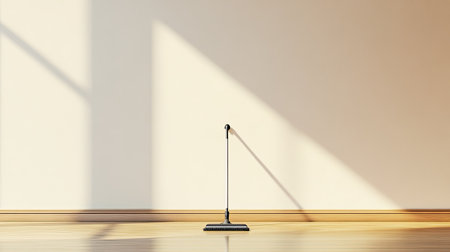 A minimalist scene featuring a cleaning equipment in an empty modern room, basking in natural sunlight, showcasing simplicity and serenity in a tidy environment.の素材