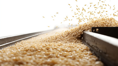 A close-up view of grain spilling from a conveyor belt onto a surface, showcasing the grains' texture and color against a light background, symbolizing agricultural abundance.の素材