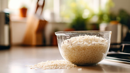 A close-up view of a glass bowl filled with uncooked rice on a kitchen counter. The warm light from the window enhances the inviting atmosphere of cooking.の素材