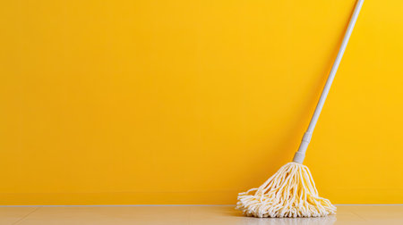 A clean white mop leans against a vibrant yellow wall, creating a striking visual. This image represents cleaning, maintenance, and interior design.の素材