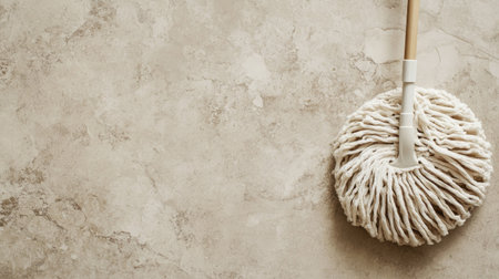 A clean mop is positioned on a neutral textured surface, ideal for showcasing home cleaning tasks, highlighting efficient hygiene and maintenance tools.の素材