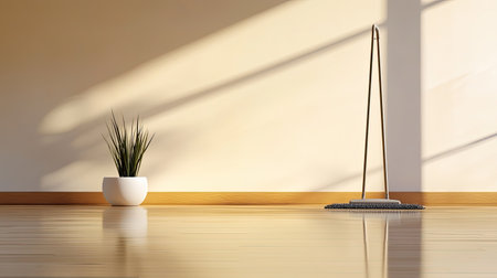 A serene and modern minimalist interior showcasing natural light streaming through, highlighting a potted plant and elegant design elements, ideal for home decor inspiration.の素材