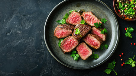 Succulent slices of grilled steak served on a dark plate, garnished with fresh herbs and spices, perfect for culinary enthusiasts and food photographers.の素材